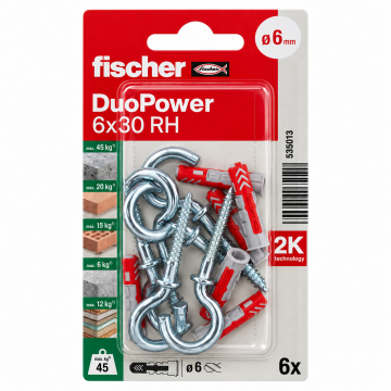 Fischer DuoPower RH K NV Plug with Round Hook – 6 × 30 mm (6 Pcs/Pack)